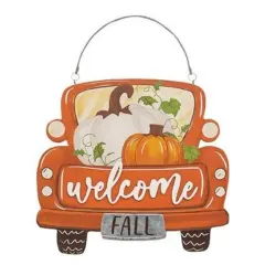 Orange Metal Vintage Truck Fall Sign with Pumpkins and Green Leaf Hanger