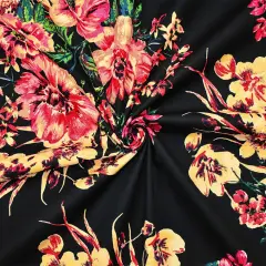 Black-Red-Multi Cotton Floral Print Stretch Spandex Poplin Woven Fabric By the Yard