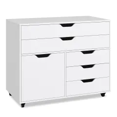 Modern Vertical 5-Drawer Mobile Chest with Door 5 Casters-White