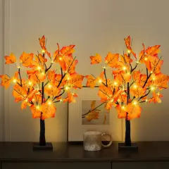 2 Pack 24-inch Fall Lighted Maple Tree, 48 LED Lights, Thanksgiving Decoration Table Tree, Battery Operated DIY Artificial Tree, Centerpieces Decor Tree for Home Desktop Autumn Harvest Tabletop Indoor