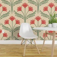 Non-Pasted Wallpaper 2FT Wide Red Floral Folk Art Green Botanical Bold Rustic Cottagecore Stamp Traditional Wallpaper by Spoonflower