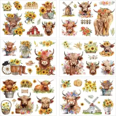 6 Sheets Sunflower Highland Cow Transfers for Crafts