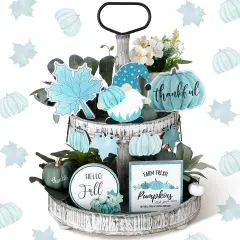 11 Pcs Fall Tiered Tray Decor Set Thanksgiving Pumpkin Decor (Blue,Abstract)