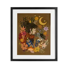Autumn Owl & Girl Framed Print Under Glass Art Black