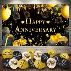 Happy Anniversary Decorations Kit - 5.9x3.6Ft Banner & 18PC Black & Gold Balloons