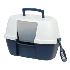IRIS USA Large Hooded Corner Cat Litter Box with Scoop Navy