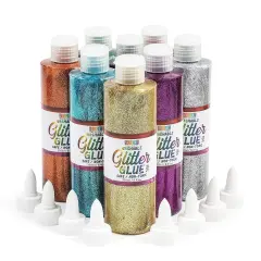 8 Pack Metallic Art Glue with Glitter Bottles - Multicolor for Crafts (8 oz, 16 Caps)