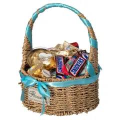 Wickerwise Small Seagrass Wicker Picnic Basket with Handle - Versatile Gift Basket with Blue Ribbon for New Year and Other Occasions, Garden and Home Decor, Natural Wicker Basket and Storage Solution