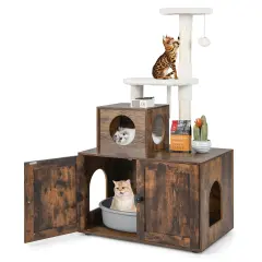 Costway 2-in-1 Wooden Litter Box Enclosure with Cat Tree Hidden Washroom Furniture White/Brown/Gray