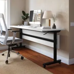 Emma and Oliver Hahn Heavy-Duty Flip Top Training Table with Nesting Design, Privacy Panel, T-Legs, Tabletop, Metal Frame WhiteTop/BlackFrame