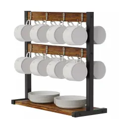 2-Tier Kitchen Coffee Mug Holder Stand Tabletop Cup Display Shelf with 16 Hooks