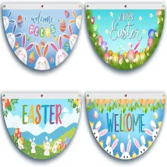 Welcome Peeps Easter Fan Flag, Cute Bunny Eggs Easter Bunting Flag, Happy Easter Half Fan Banner Flag
