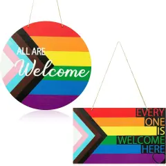 Gay Pride Progress Pride Rainbow Wreath Wooden Hanging Door Sign Decoration - 2Pcs LGBT Wood Door Sign Plaque Gay Pride Day Front Door Wall Porch Wooden Hanging Welcome Decorations Supplies