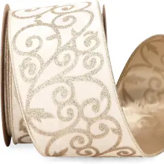 Ivory Velvet Ribbon Wired with Glitter Swirl 4 Inch Christmas Ribbon