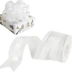White Wired Ribbon Satin Stripe Sheer Wired Ribbon