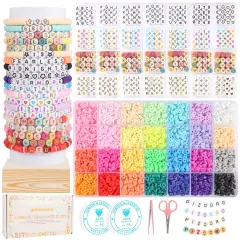 Bracelet Kit with 28 Colors, 5040 Clay Beads, 1200 Letter Beads for Jewelry Making - 4 Styles of Round Alphabet, Number, Heart & Pattern Beads