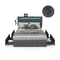 Grey Velvet Upholstered LED Bed Frame with Headboard and Storage Drawers