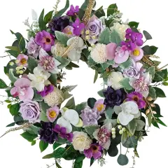 22" Artificial Flower Wreath Spring/Summer Floral Wreaths for Front Door with Roses Orchid Gardenia Dahlia Full and Elegant Decor for Inside Outside Wall Window Festival Party Wedding （White Purple）