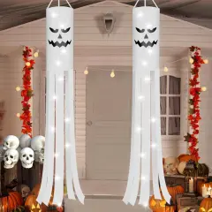 2Pcs 70.8 Inch Halloween Ghost Windsocks Flag with Lights