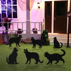 6 PCS Black Cat Halloween Lawn Signs with Stakes, Glow-in-The-Dark Eyes