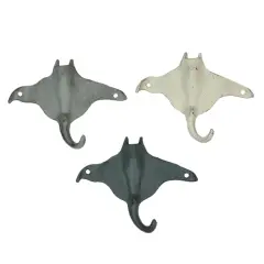 Set of 3 Stingray Wall Hooks - 6.25" - Blue, Gray, White - Coastal Decor