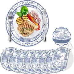 60PCS Blue Floral Paper Place Mats Disposable Vintage Blue Flower Placemats Chinoiserie Round Table Mat Spring Setting for Bridal Tea Wedding Birthday Party Supplies Dining Table Decor