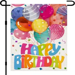 Happy Birthday Garden Flags for Outside 12x18 Double Sided Burlap, Colorful Balloon Personalized Banner Farmhouse Yard Sign Birthday Party Decorations DF575