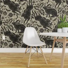 Peel & Stick Wallpaper 2FT Wide Block Print Bunnies Linocut Woodblock Hares Woodland Neutral Charcoal Gray Beige Background Botanical Leaves Foliage Forest Nursery Gender Custom Removable Wallpaper by Spoonflower