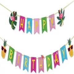 Tropical Happy Birthday Banner Colorful Hawaiian Luau Birthday Banner Flamingo Pineapple Palm Leaf Banner for Summer Birthday Party Decorations Supplies | Pre-Strung