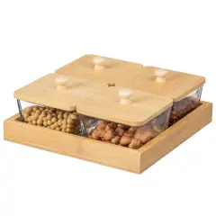 Basicwise Set of Glass Jars with Bamboo Lids and Wooden Tray &ndash; Charcuterie, Snack Organizer, and Fruit Platter for Party, Candy Jars, Cookies, Nuts, Fruits and Snack Box