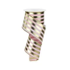 2.5"x10yd Pale Pink & Gold Metallic Striped Ribbon - Wired Ribbon for Crafts & Holiday Decor (RGE142915)