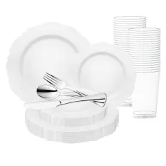 White with Silver Rim Round Blossom Disposable Plastic Wedding Value Set (20 Settings)