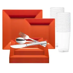 Burnt Orange Square Plastic Plates Wedding Value Set (20 Settings)