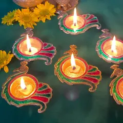 Peacock Deepam Brass Finish Diya Pack of 2 Samai Deepak Oil Lamp Indian Festival Diwali Diya Hindu Puja Religious Home Decor Pooja Lamp Indian Housewarming Wedding - Corporate Return Gift Silver