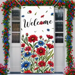 Welcome Door Cover Decorations Spring Summer Patriotic Flowers Front Door Banner Sign Hanging Door Decor for 4th of July Patriotic Activity Holiday Home Party Indoor Outdoor Independence Day Supplies