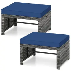 2 Piece Mix Grey Rattan Ottomans with Cushions, Sturdy Metal Frame and Multi-Function Design Navy