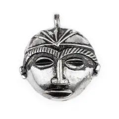 The Bead Chest Round African Silver Mask Pendant (58x62mm): Genuine West African Mask Design for DIY Jewelry & Necklaces