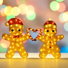Delightful Light Up Gingerbread Man Couple with Heart-Shaped Candy Cane 32"H