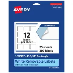 Avery Matte White Removable Rectangle Labels with Sure Feed Technology, Print-to-the-Edge, 1-13/16" x 2-3/16"
