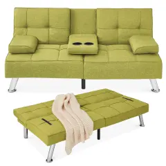 Best Choice Products Modern Linen Convertible Futon Sofa Bed w/ Removable Armrests, Metal Legs, Cupholders Chartreuse