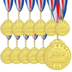 12Pack Swimming Medals with Ribbons for All Ages, Gold Medals for Awards, 2 Inch Diameter with 15 Inch Ribbon Loop