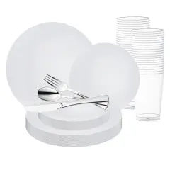 White with Silver Rim Organic Round Disposable Plastic Wedding Value Set (20 Settings)