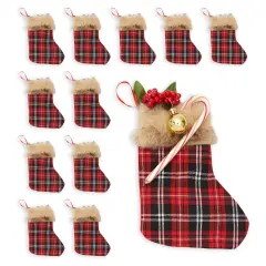 Mini Christmas Stockings,Red Buffalo Plaid Holiday Decor (6x8 In, 12 Pack)