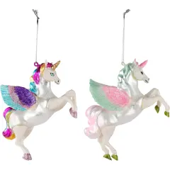 2 Pack Glass Rainbow Unicorn Christmas Tree Ornaments, Holiday Decor Decorations , 5 x 4.5 in White