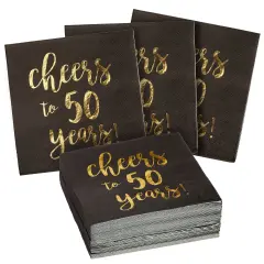 BLUE PANDA 50 Pack Cheers to 50 Years Printed Cocktail Napkins for 50th Birthday and Anniversary - 3-Ply, Black & Gold Foil
