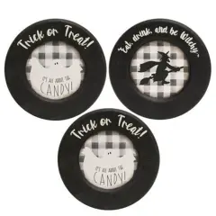 3 Asstd. Halloween Wooden Plates Trick or Treat Buffalo Check Decor