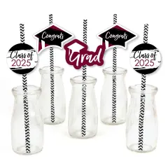 Big Dot of Happiness Maroon 2025 Graduation Paper Straw Decor - Party Striped Decorative Straws - Set of 24