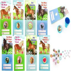 Tiny Mills 36 PACK Horse Pony Cards with Horse Pony Stampers for Valentine's Day Classroom Exchange Birthday Party Favor Prizes