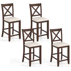Costway Rubber Wooden Bar Stools Set of 2/4 with Footrest Comfortable Linen Cushion