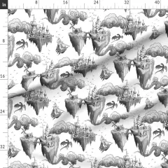 Various Fabrics by the Yard or Fat Quarter Toile Dragons Castle Island Fantasy Monochrome Illustration Black And White Custom Printed Fabric by Spoonflower